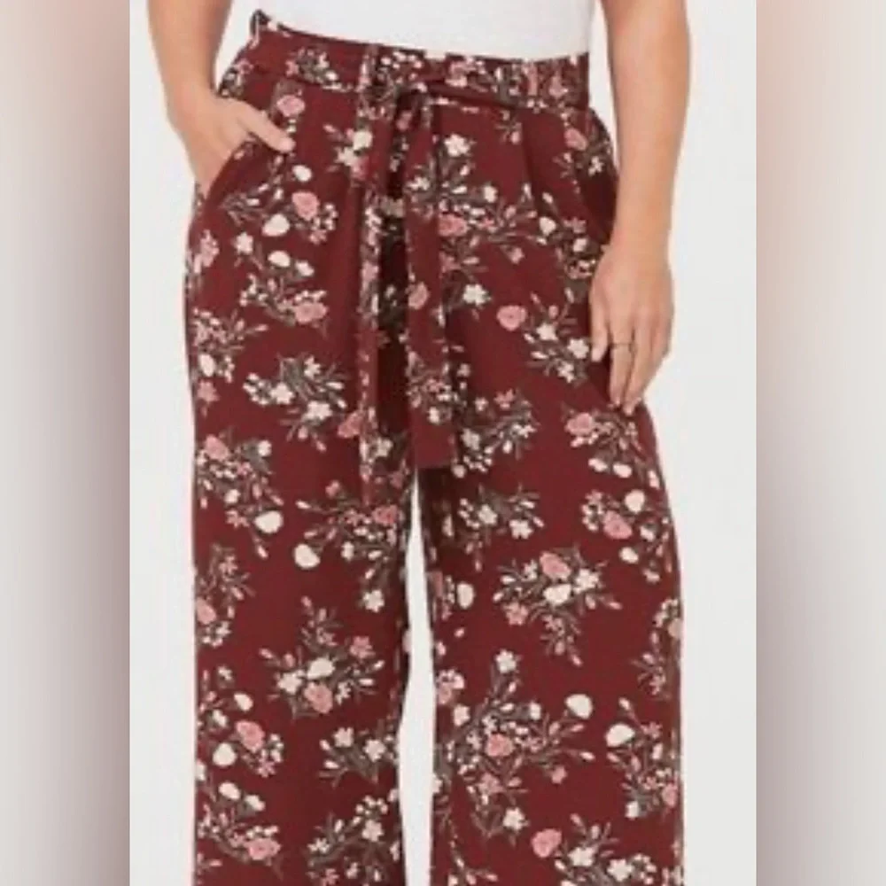 Torrid Burgundy/maroon Floral Crepe Wide Leg Pants 1 (14/16) Belted and pockets. - Picture 1 of 4